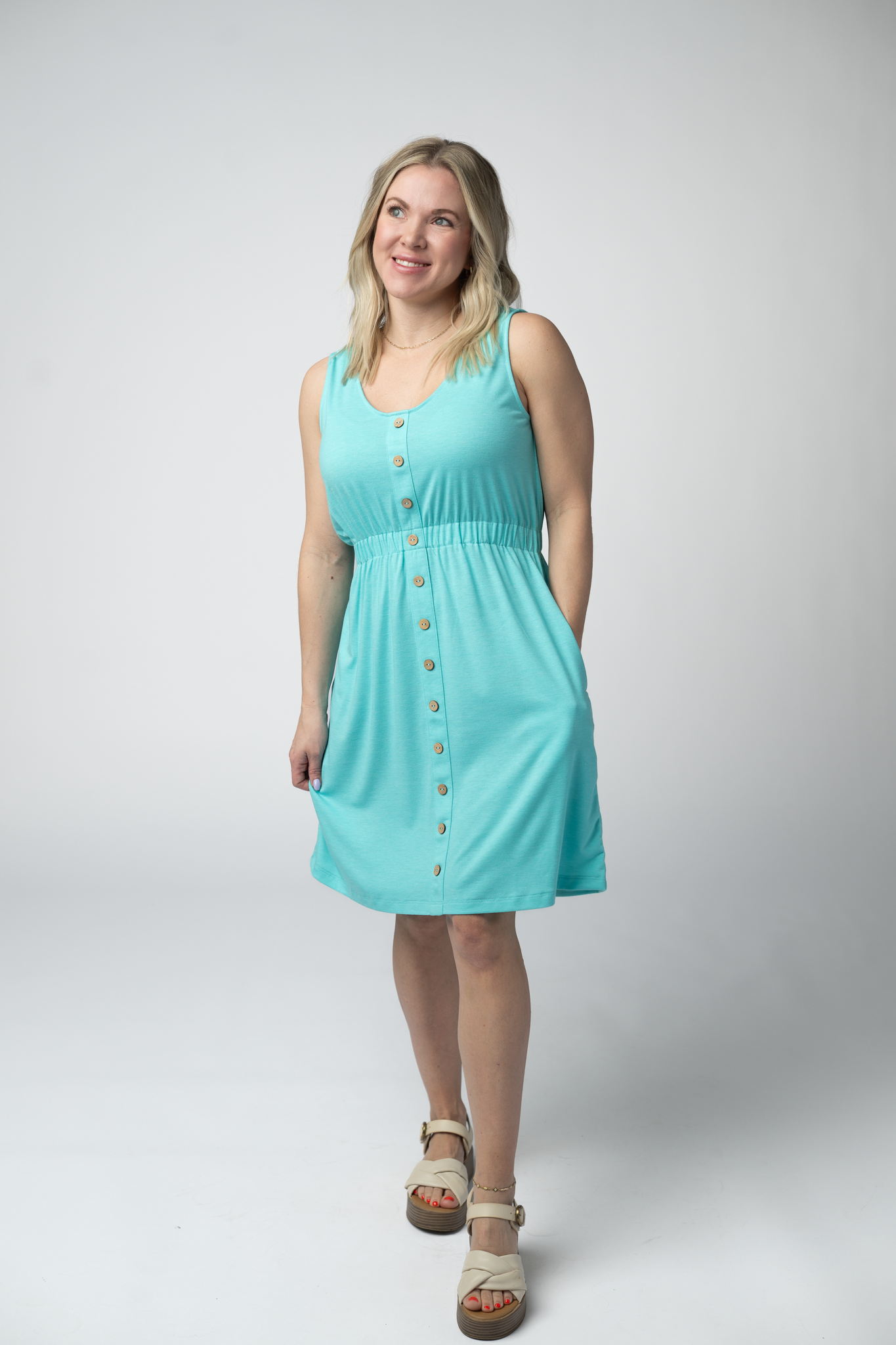 IN STOCK Beverly Button Dress - Aqua FINAL SALE