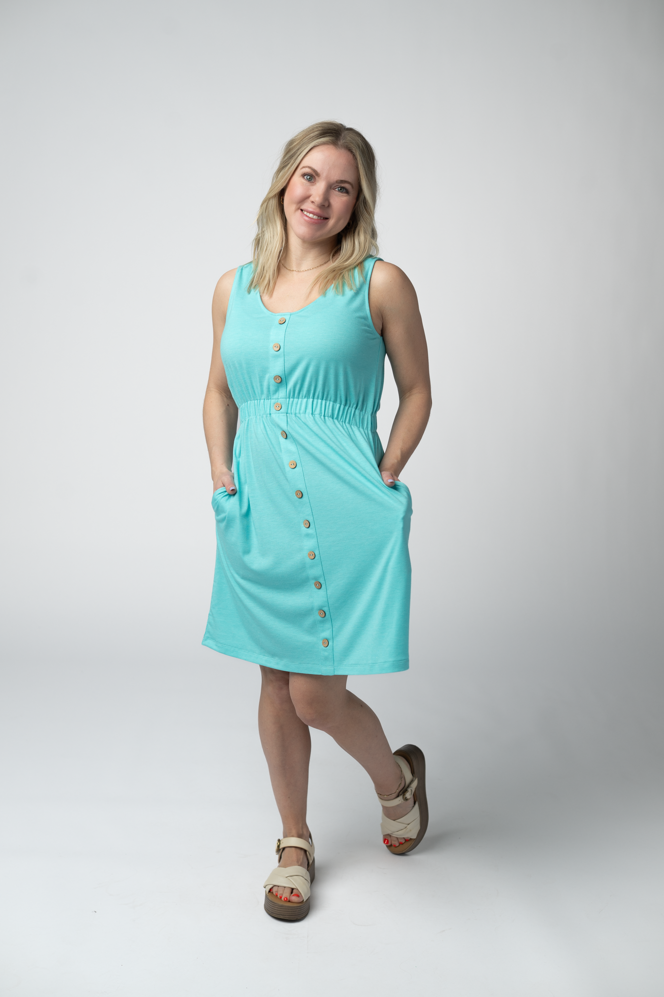IN STOCK Beverly Button Dress - Aqua FINAL SALE