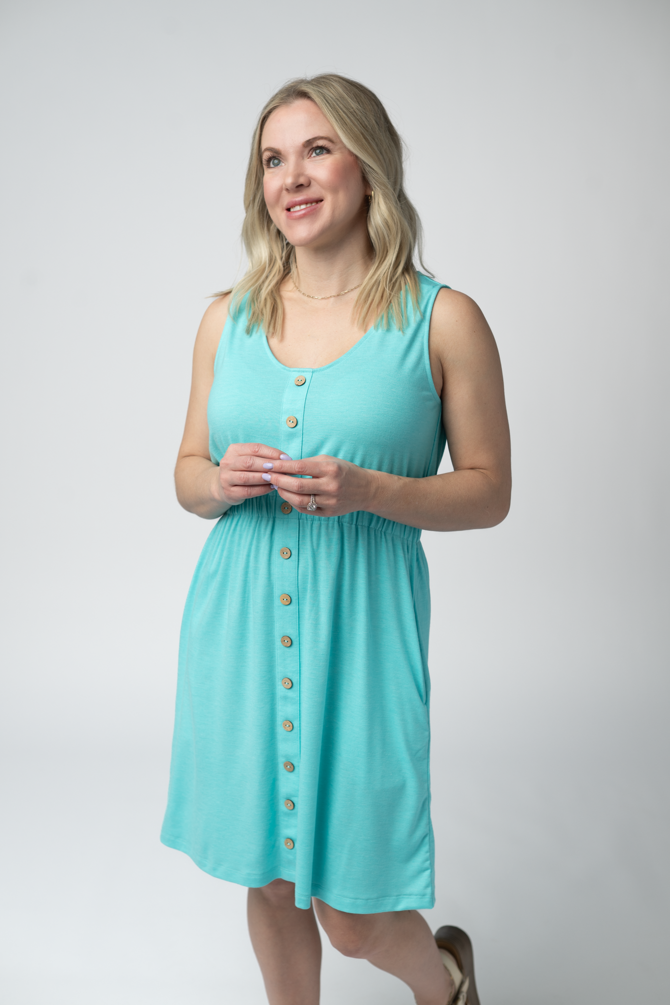 IN STOCK Beverly Button Dress - Aqua FINAL SALE