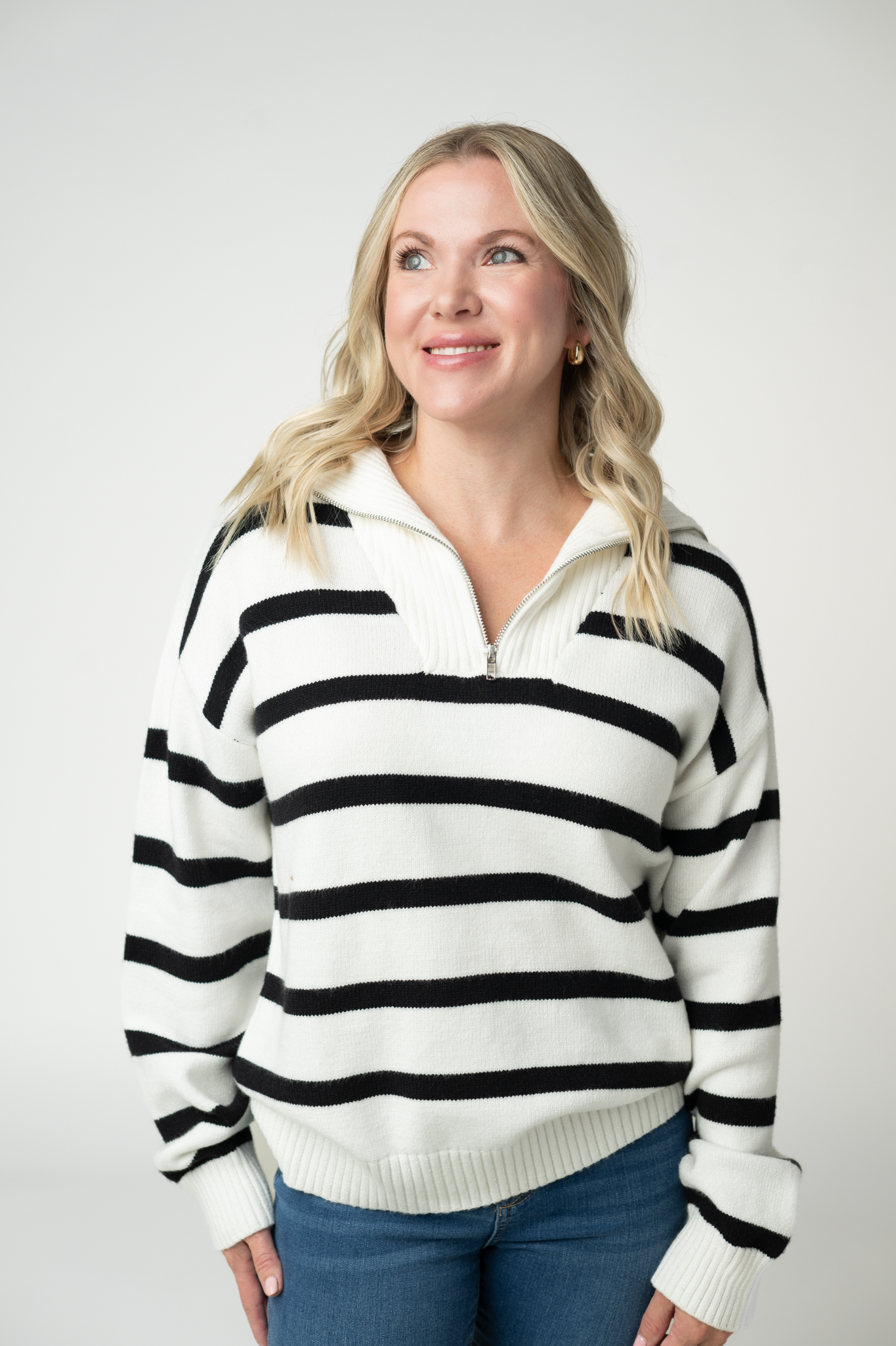 IN STOCK Quarter Zip Striped Pullover - Black and White