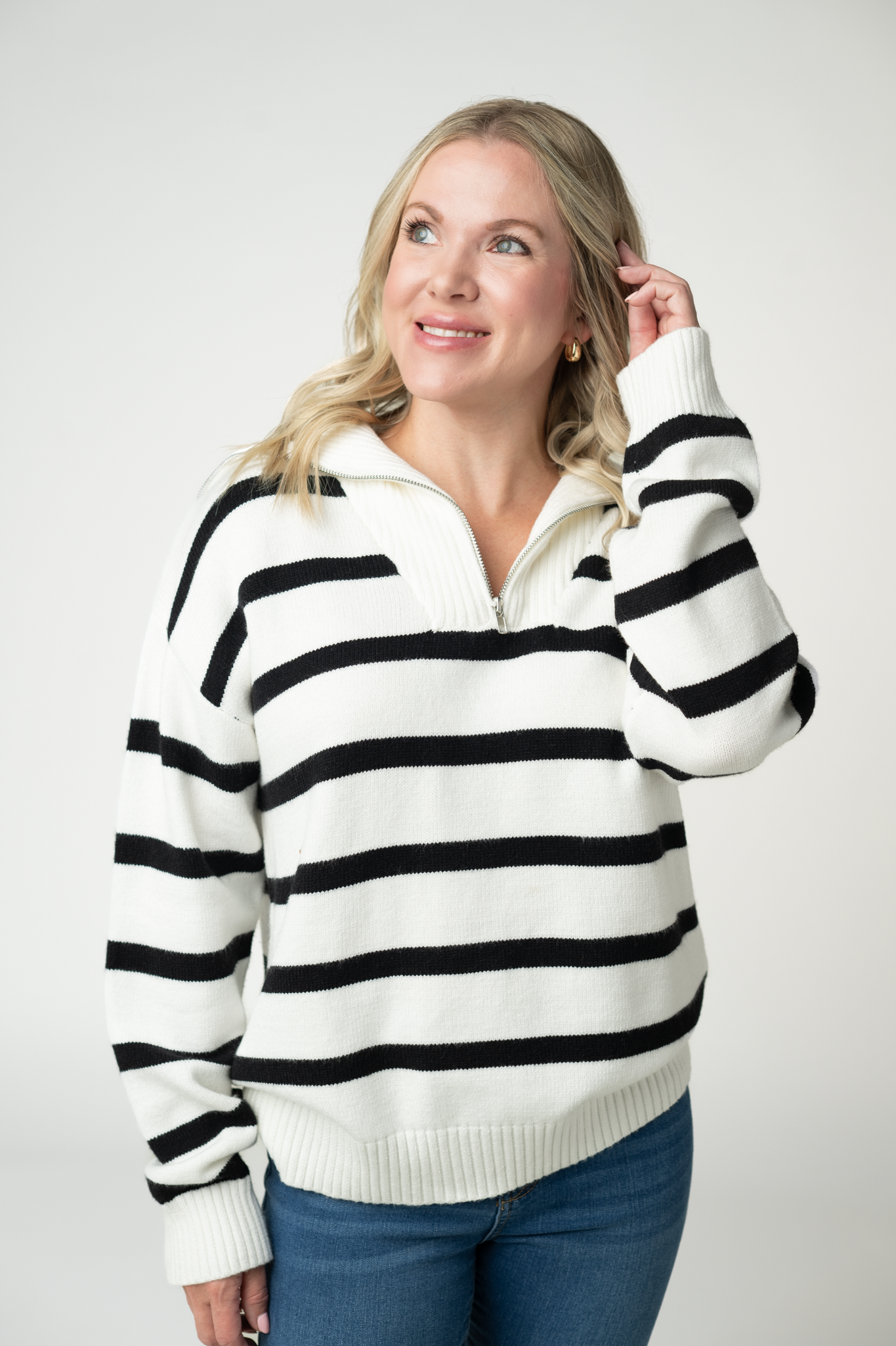 IN STOCK Quarter Zip Striped Pullover - Black and White