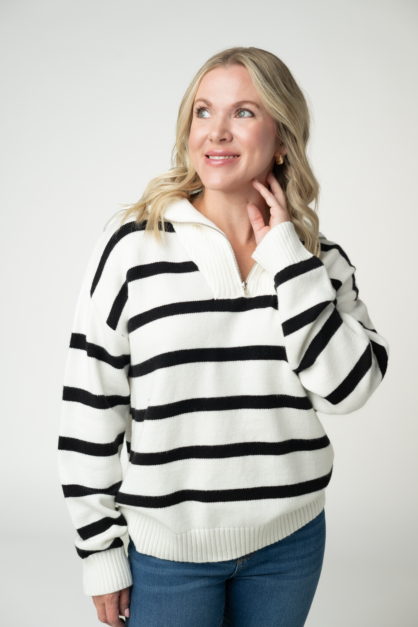 IN STOCK Quarter Zip Striped Pullover - Black and White