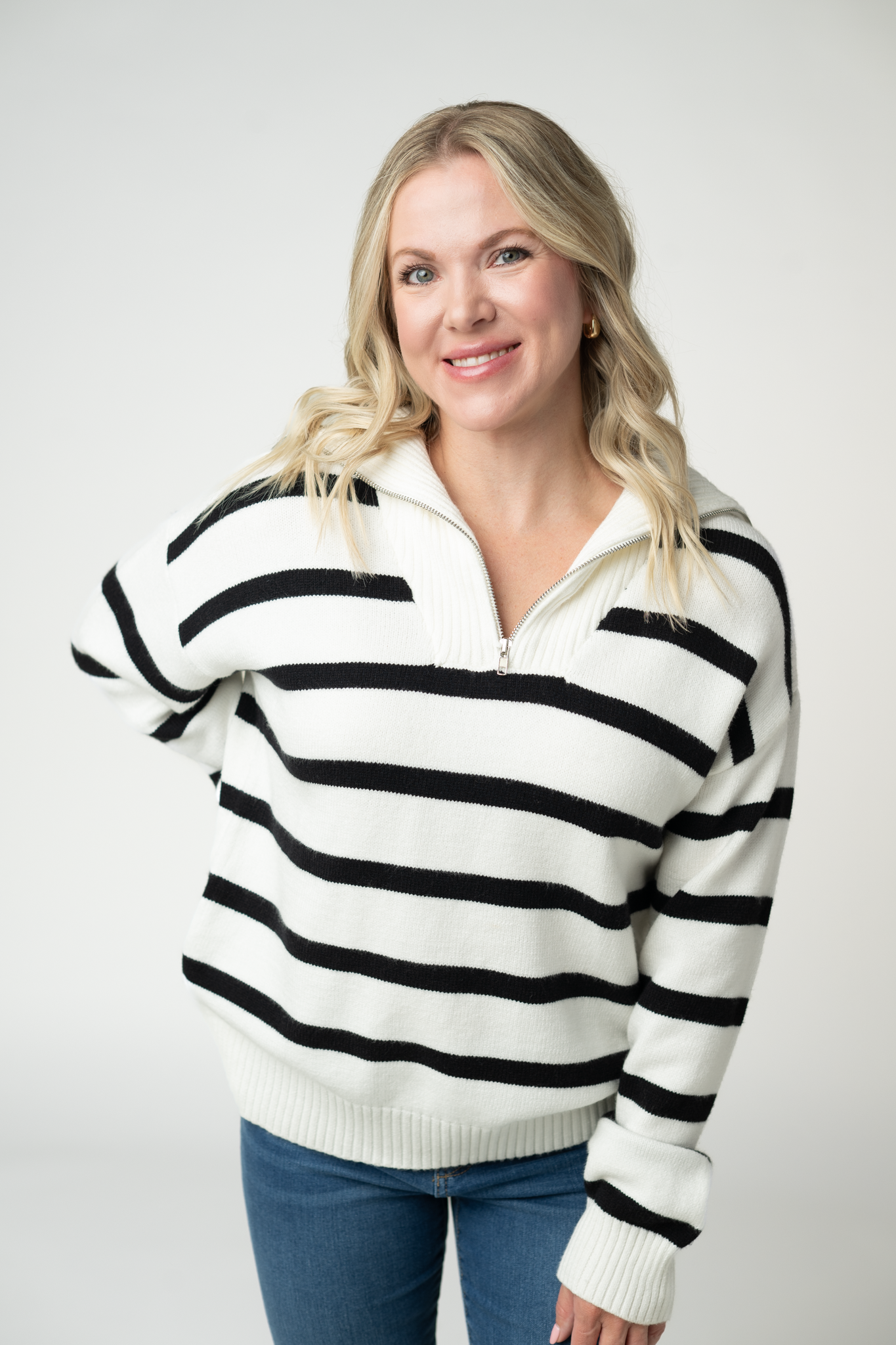 IN STOCK Quarter Zip Striped Pullover - Black and White