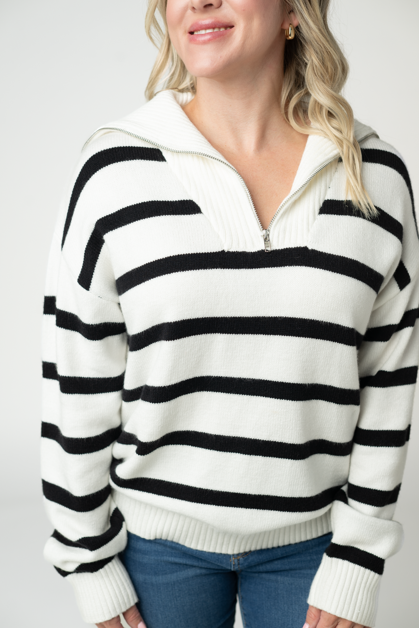 IN STOCK Quarter Zip Striped Pullover - Black and White