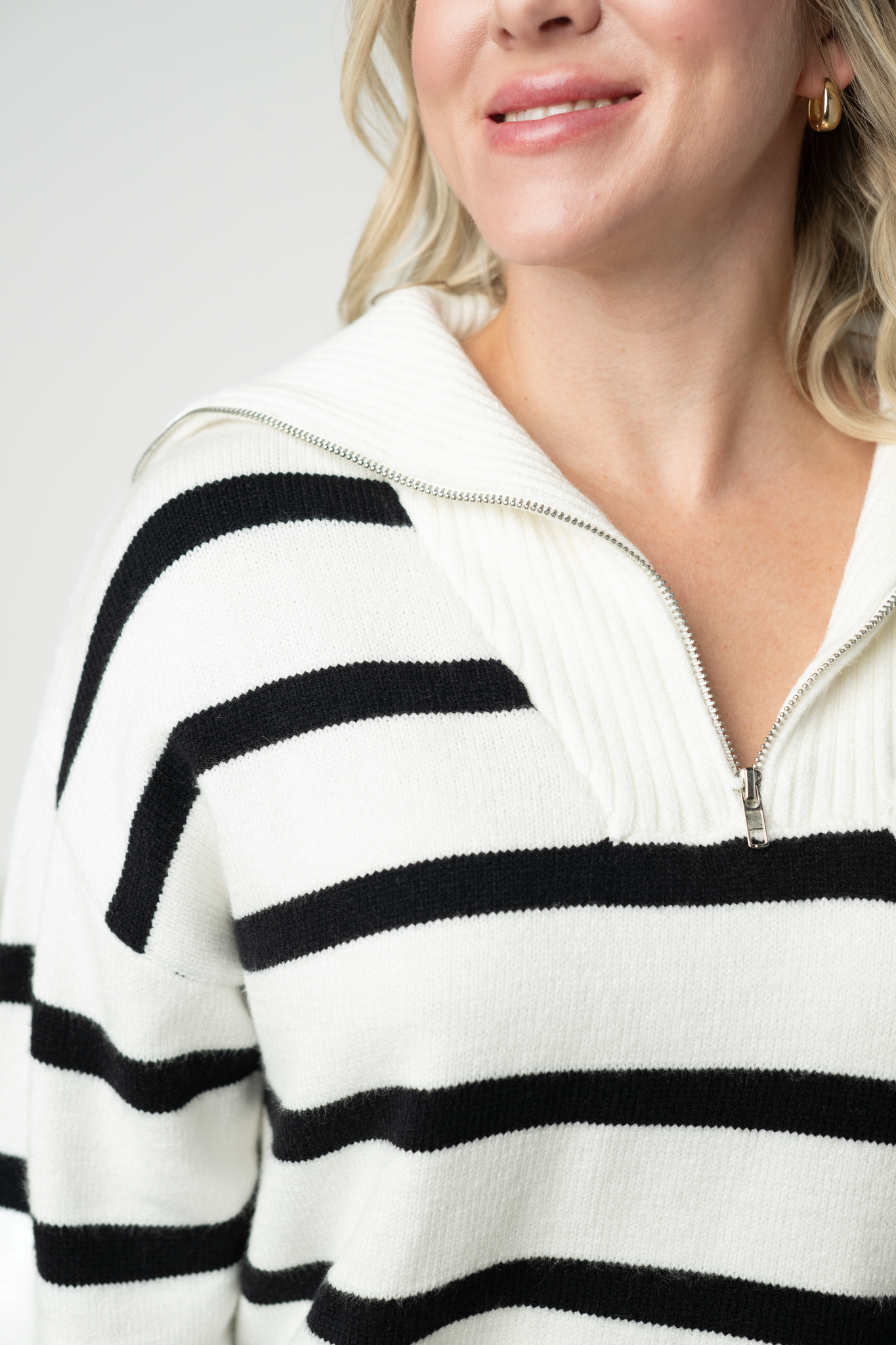 IN STOCK Quarter Zip Striped Pullover - Black and White