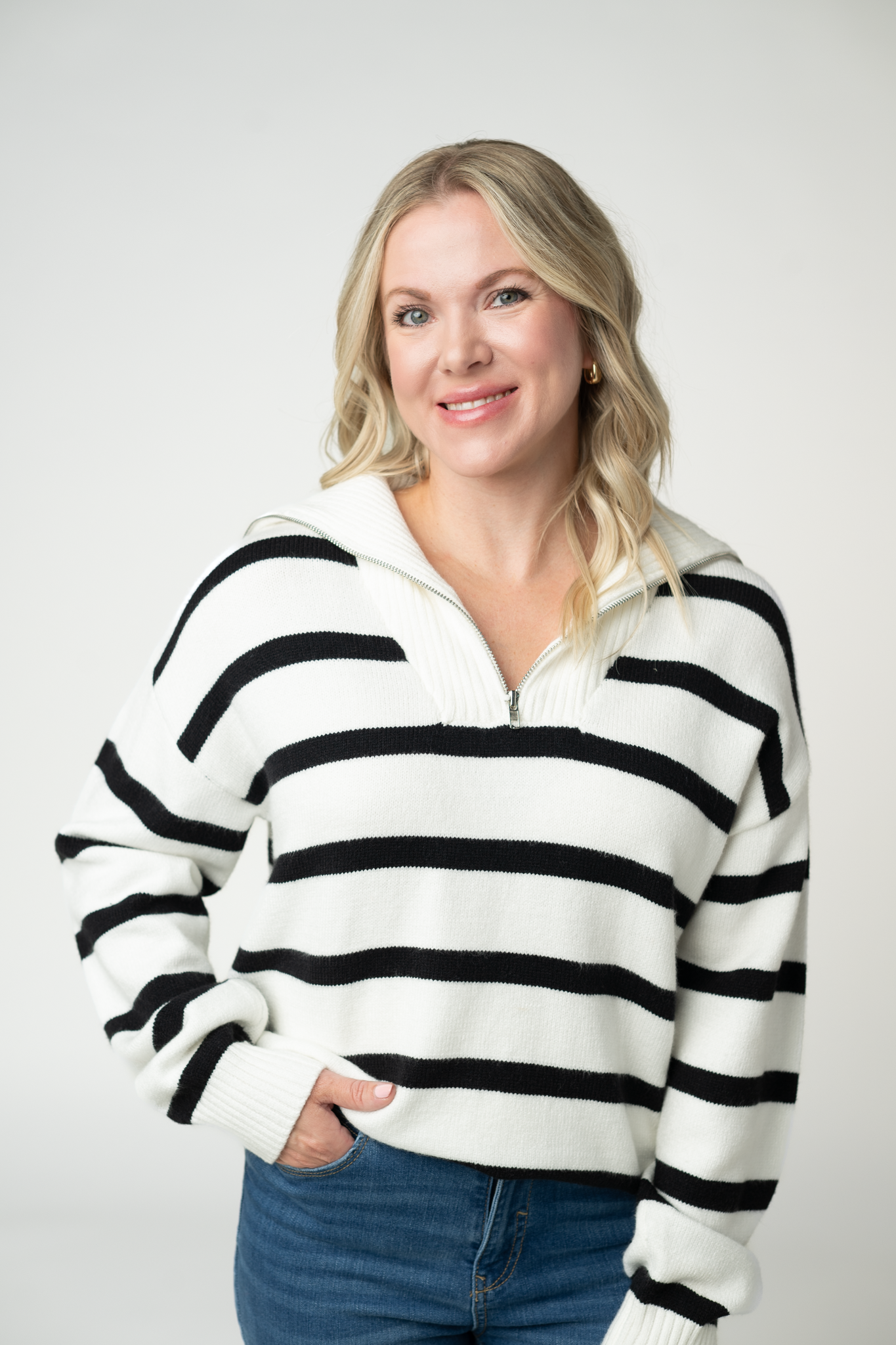 IN STOCK Quarter Zip Striped Pullover - Black and White