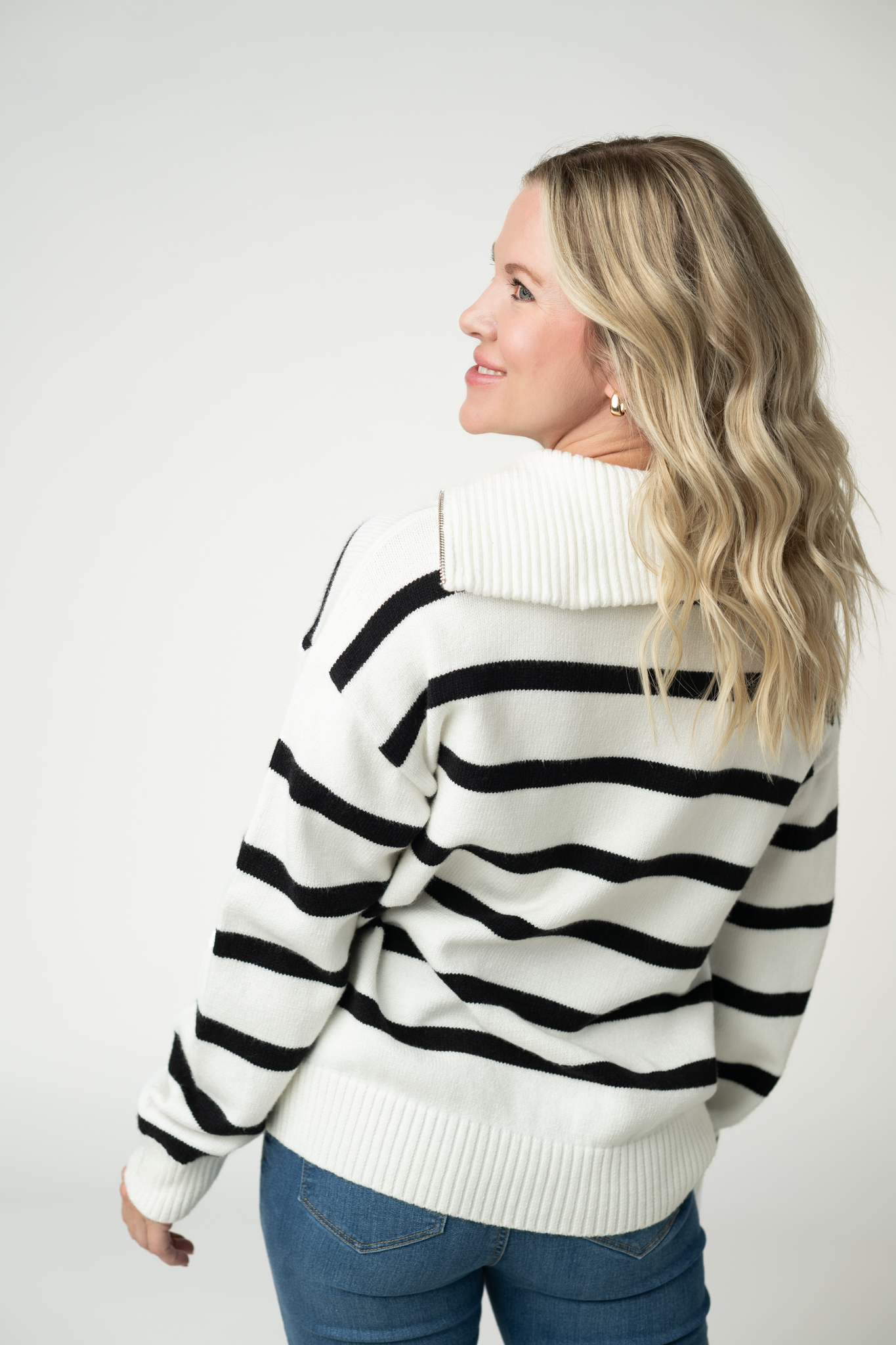 IN STOCK Quarter Zip Striped Pullover - Black and White