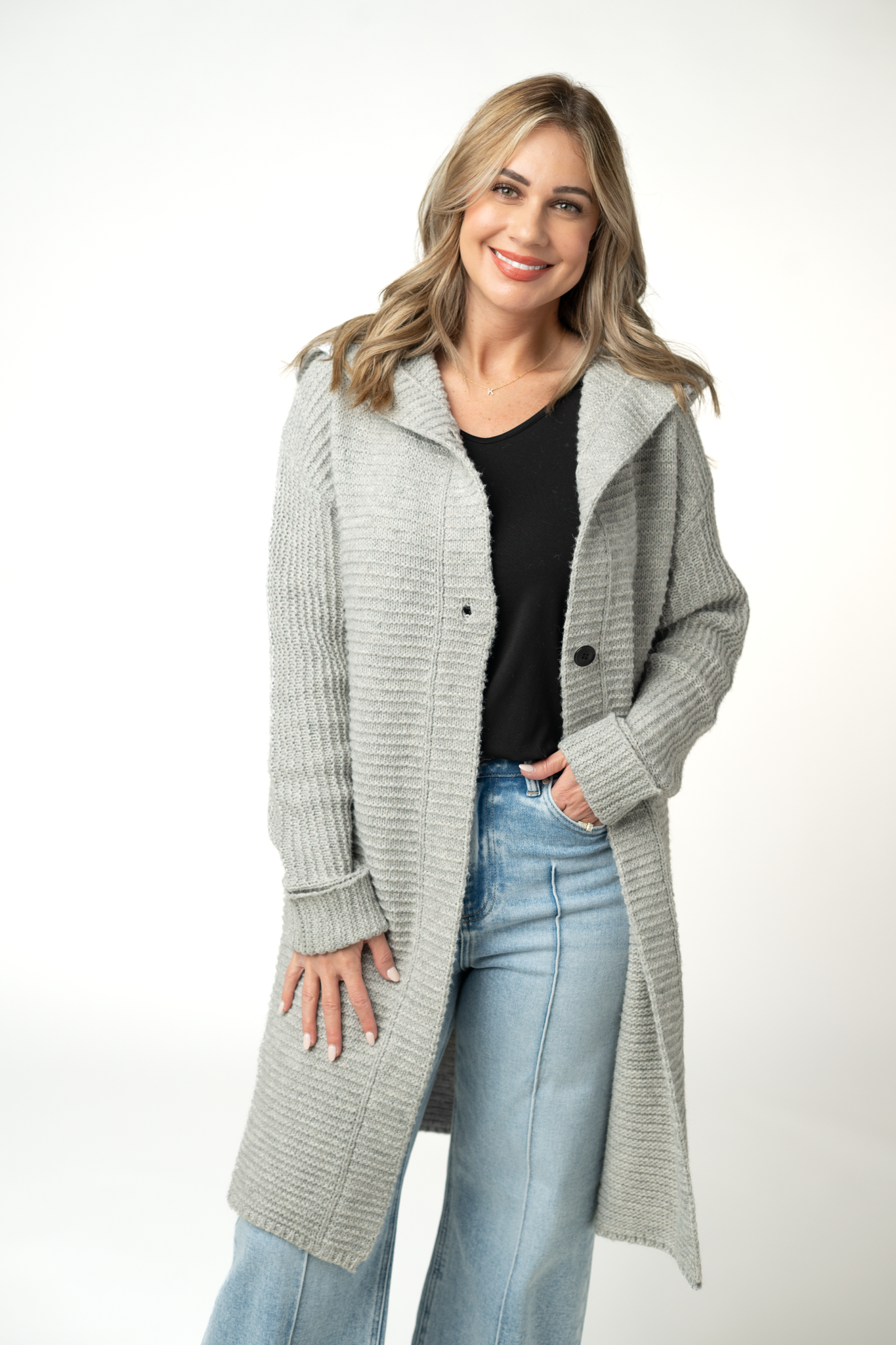 IN STOCK Lillian Long Hooded Cardigan - Grey