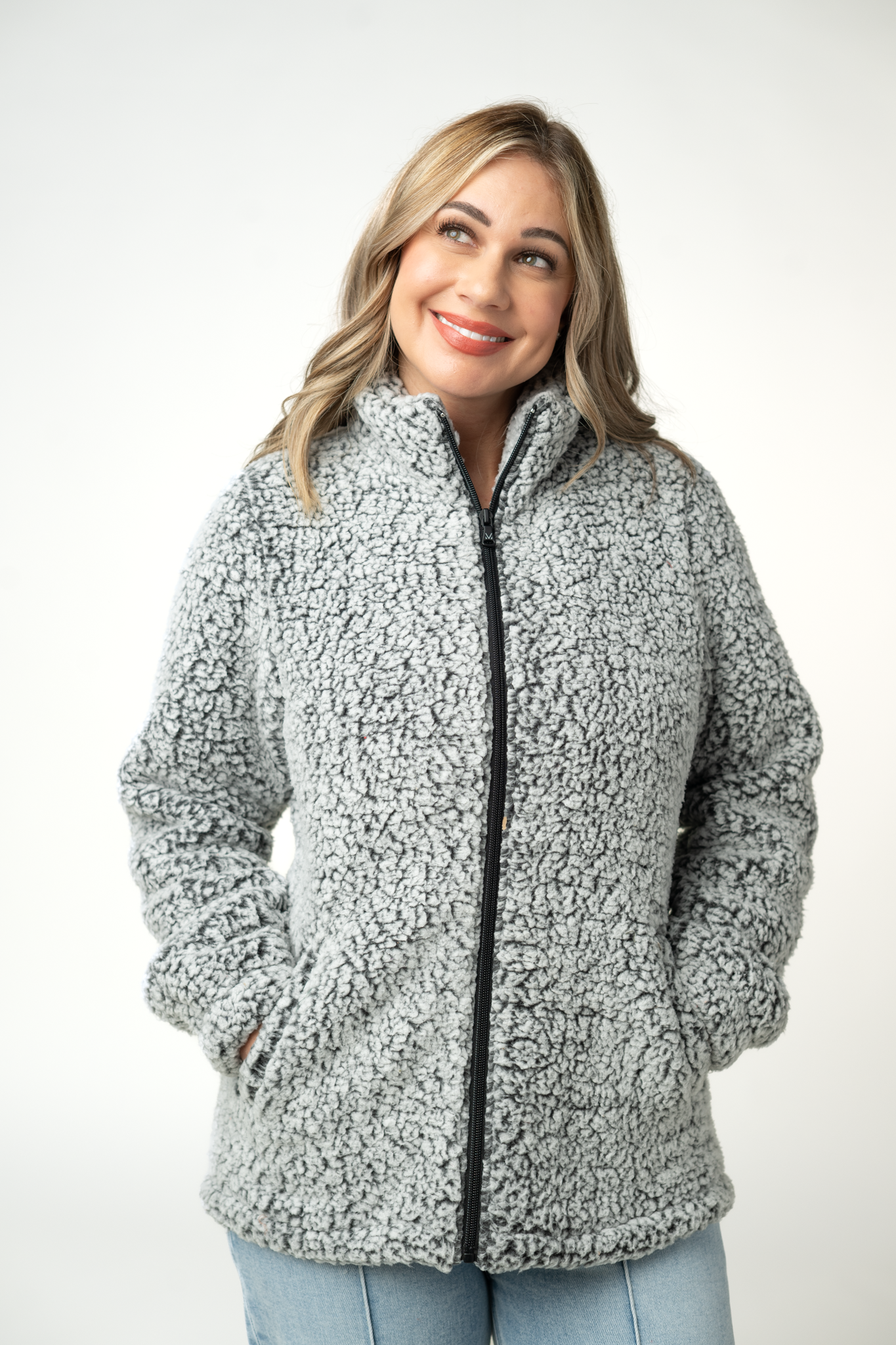 IN STOCK Two Tone Fullzip Sherpa - Charcoal and White
