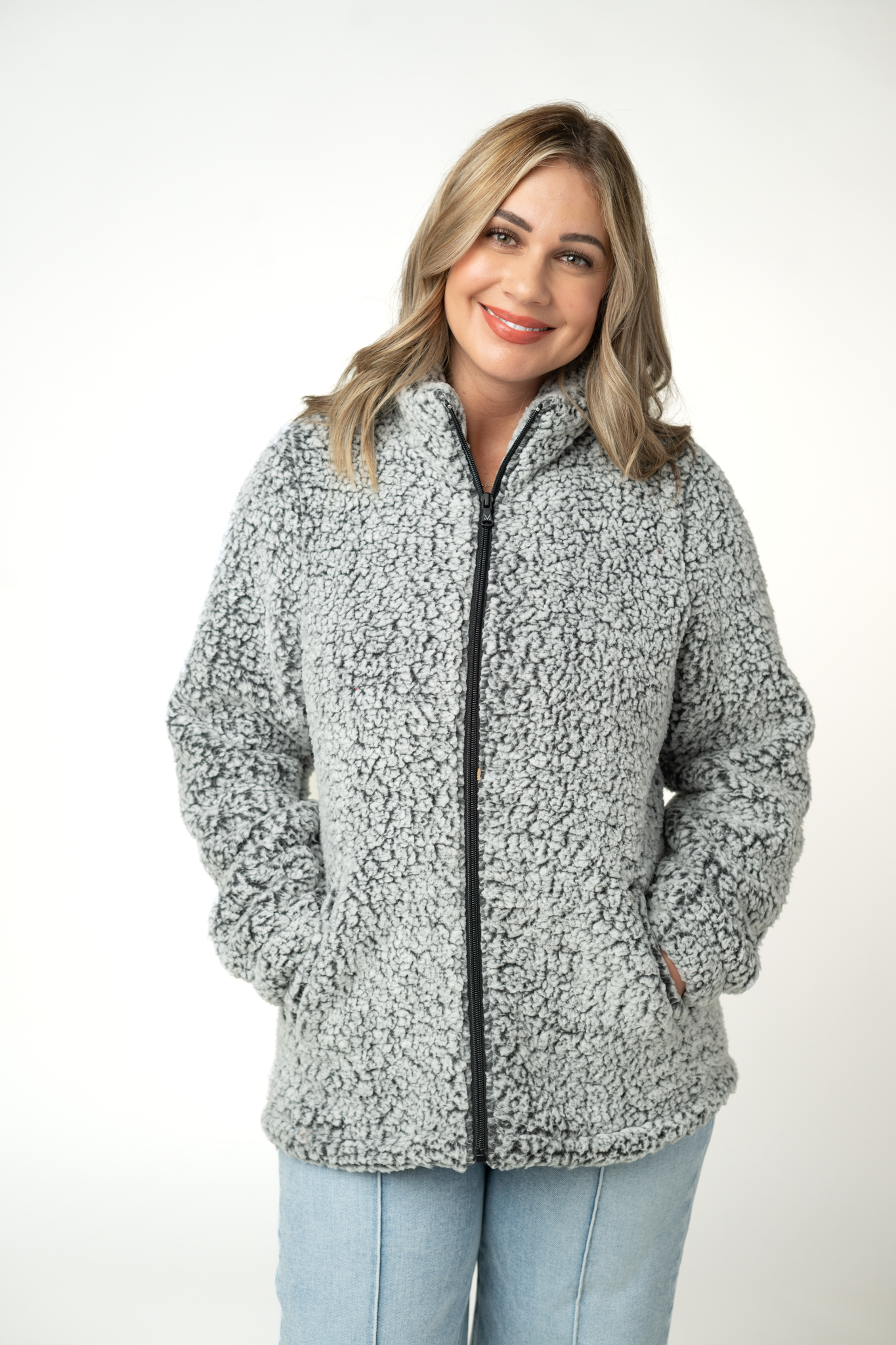 IN STOCK Two Tone Fullzip Sherpa - Charcoal and White
