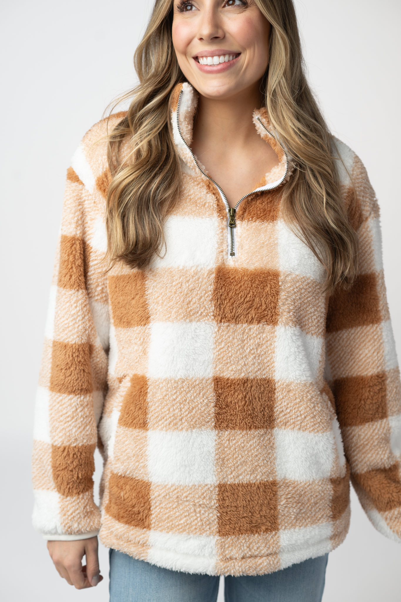 IN STOCK Sherpa Plaid Pullover - Camel