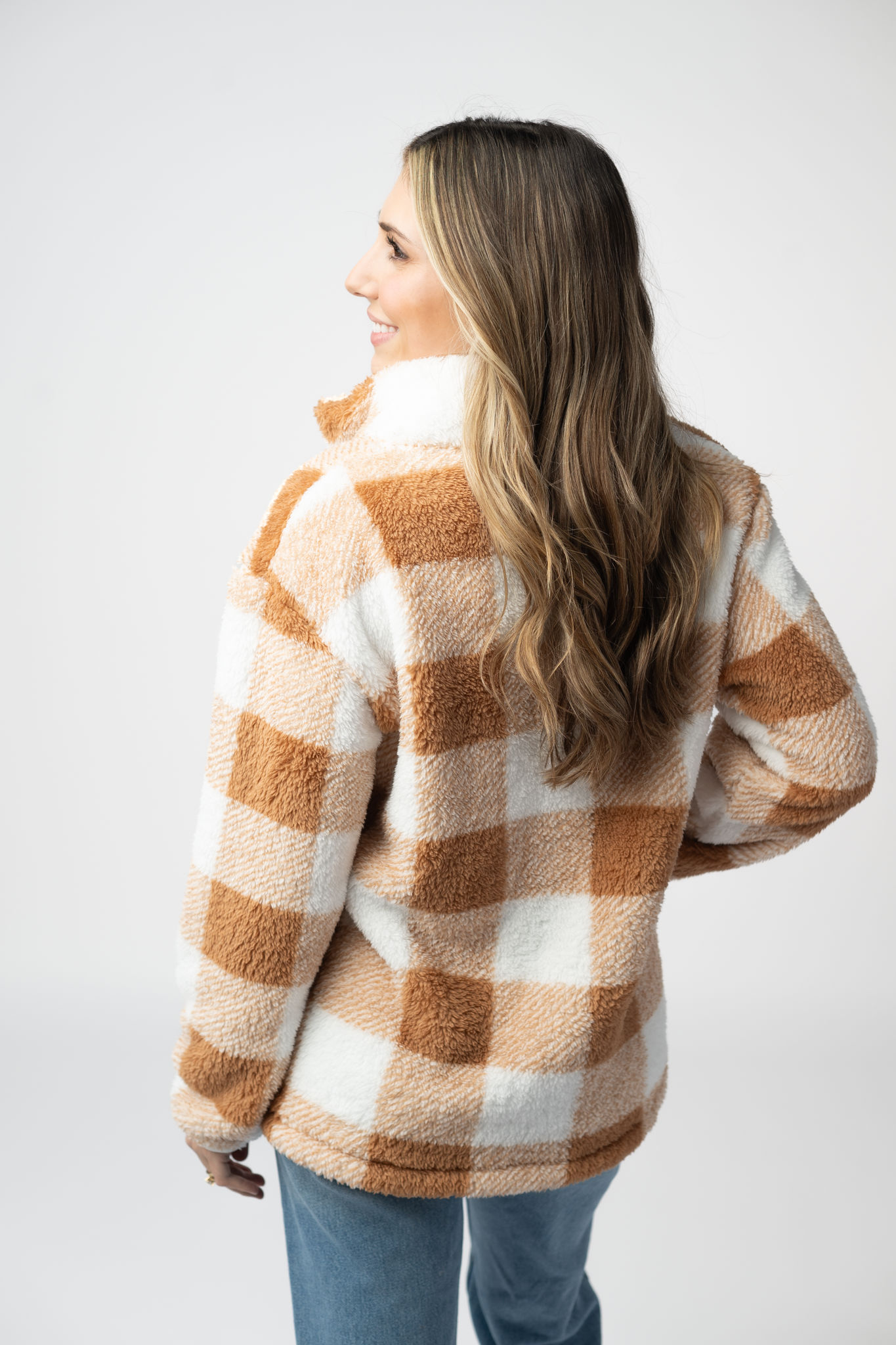 IN STOCK Sherpa Plaid Pullover - Camel
