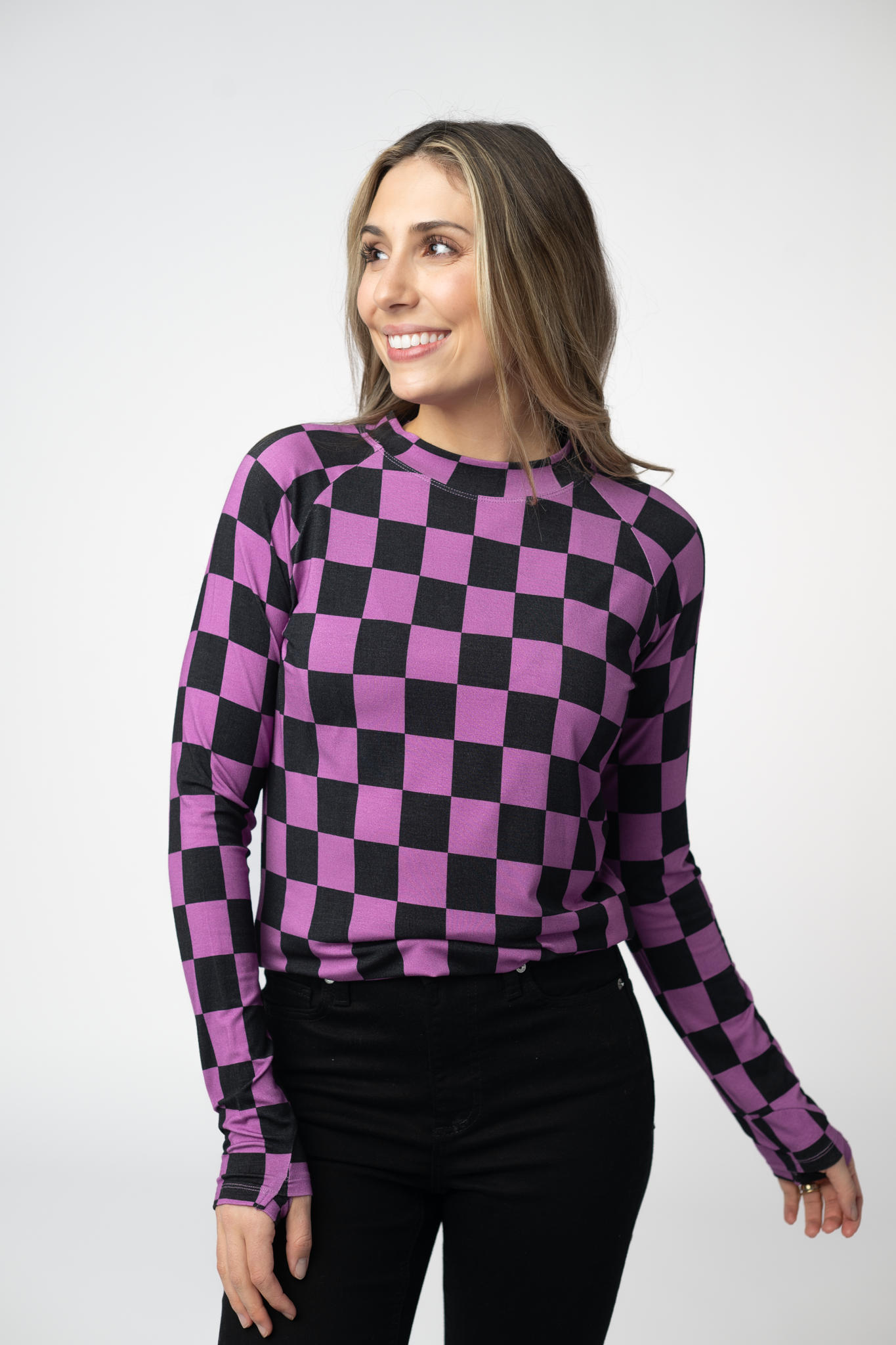 IN STOCK Blair Long Sleeve Top - Black and Purple Checkers