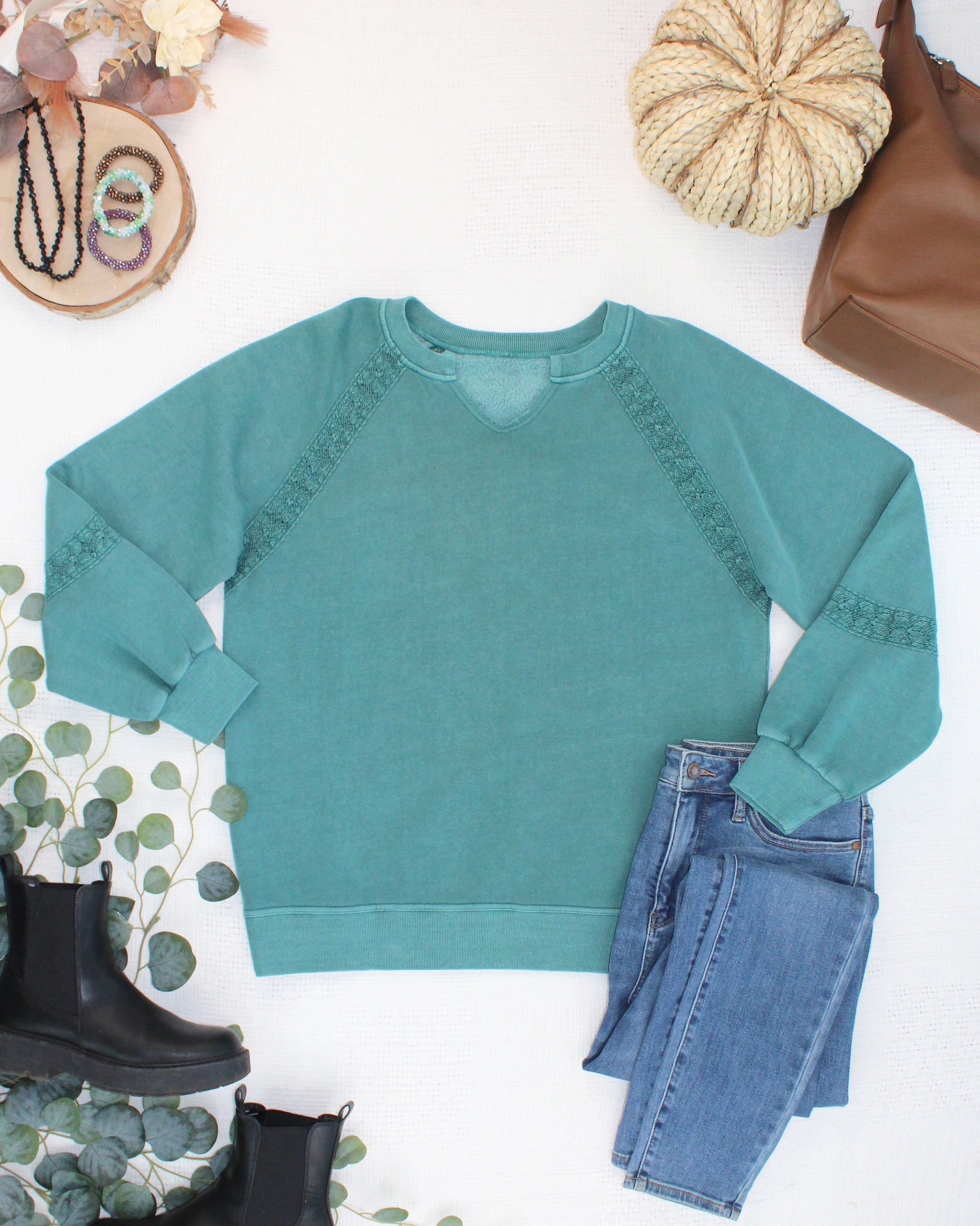 IN STOCK Lace Accent Vintage Wash Pullover - Teal