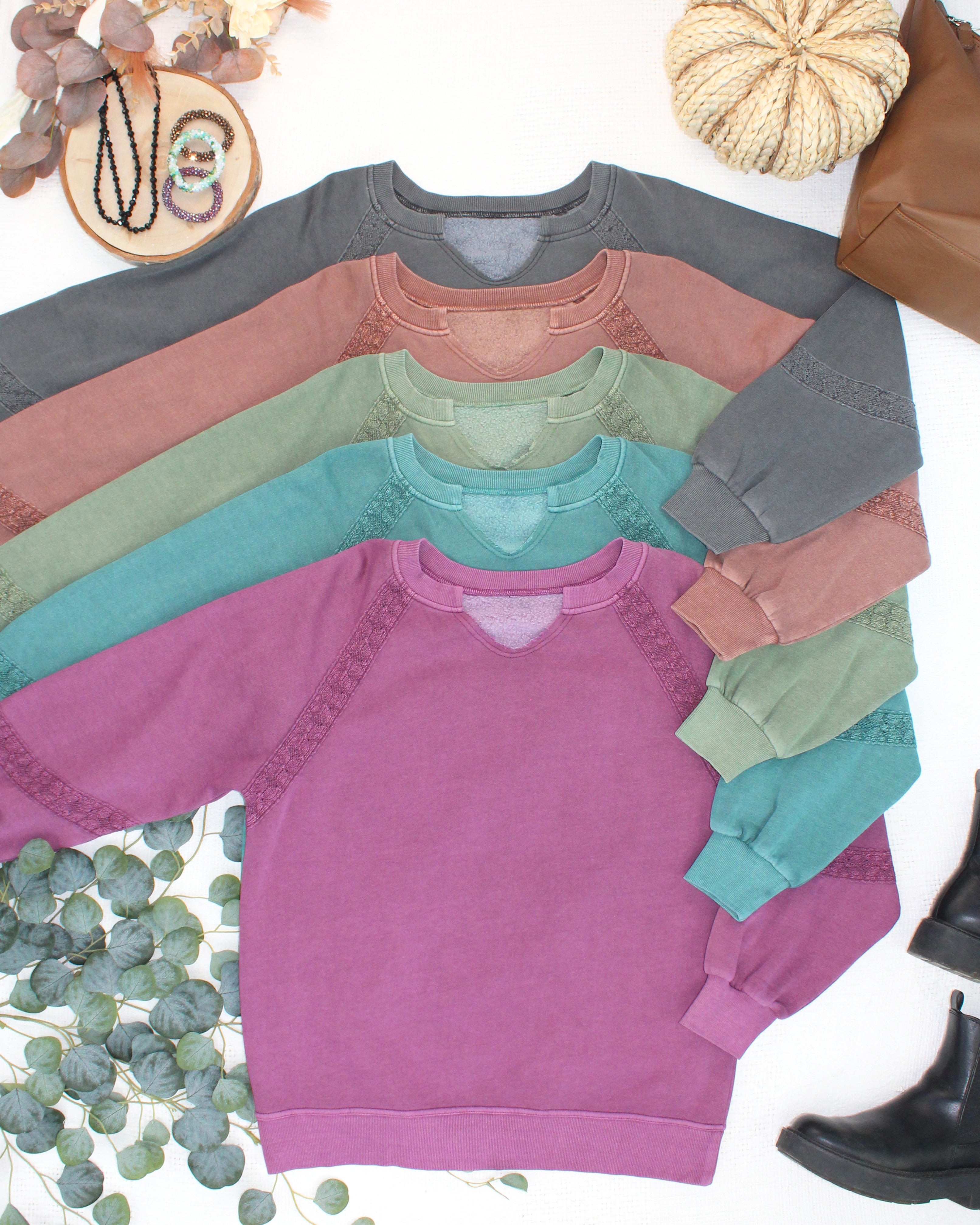 IN STOCK Lace Accent Vintage Wash Pullover - Brown