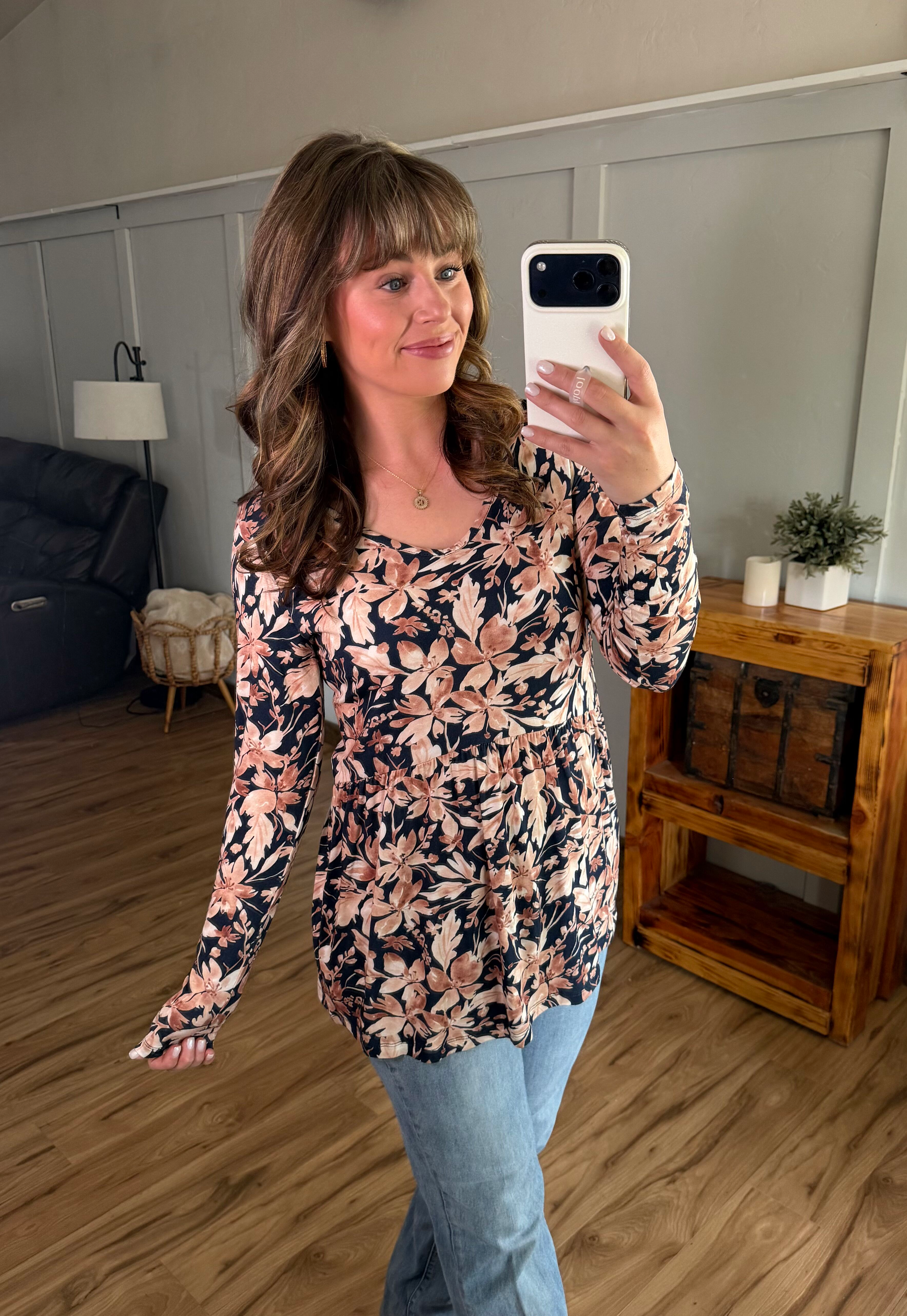 IN STOCK Long Sleeve Sarah Ruffle Top - Navy Autumn Petals