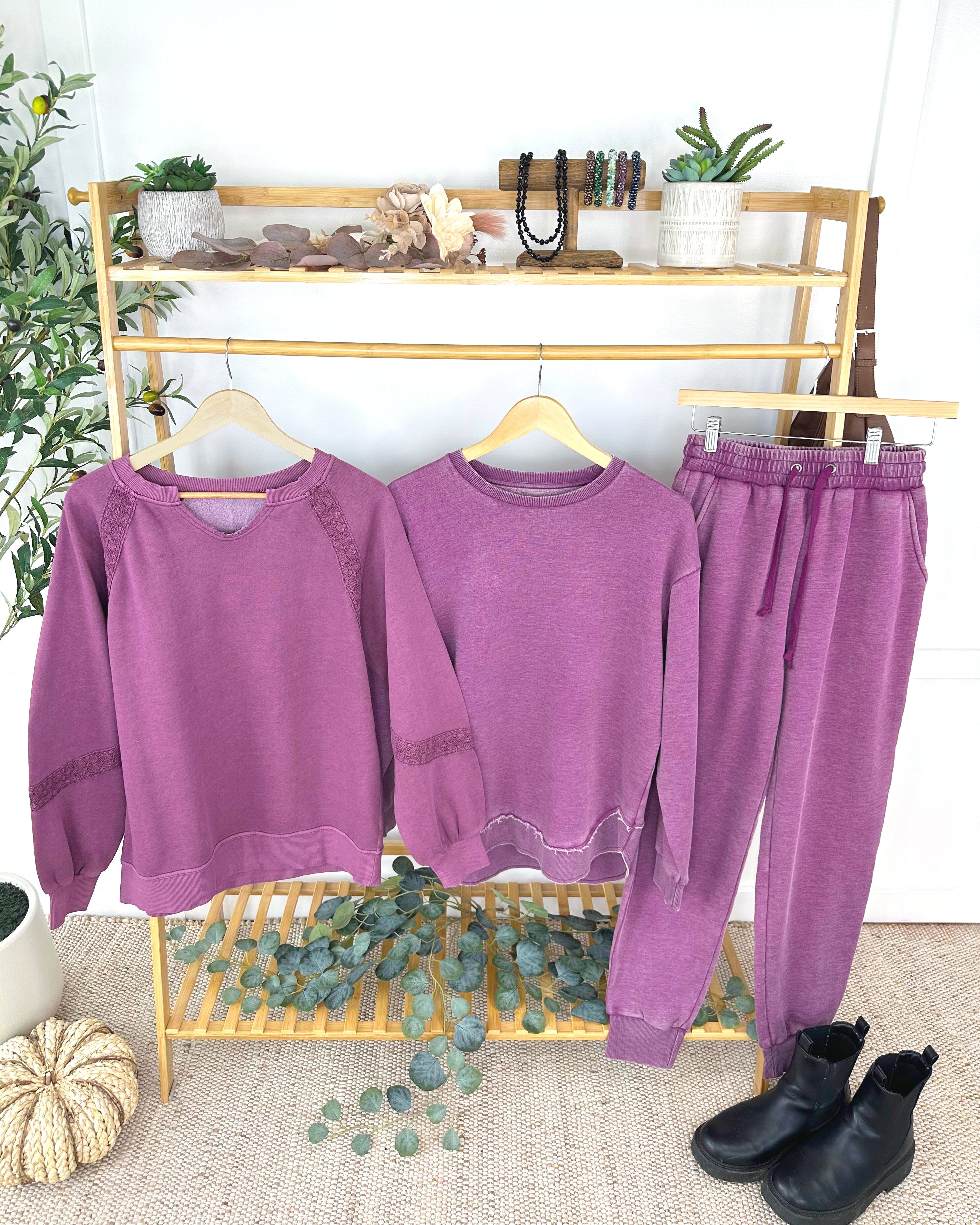 IN STOCK Lace Accent Vintage Wash Pullover - Purple