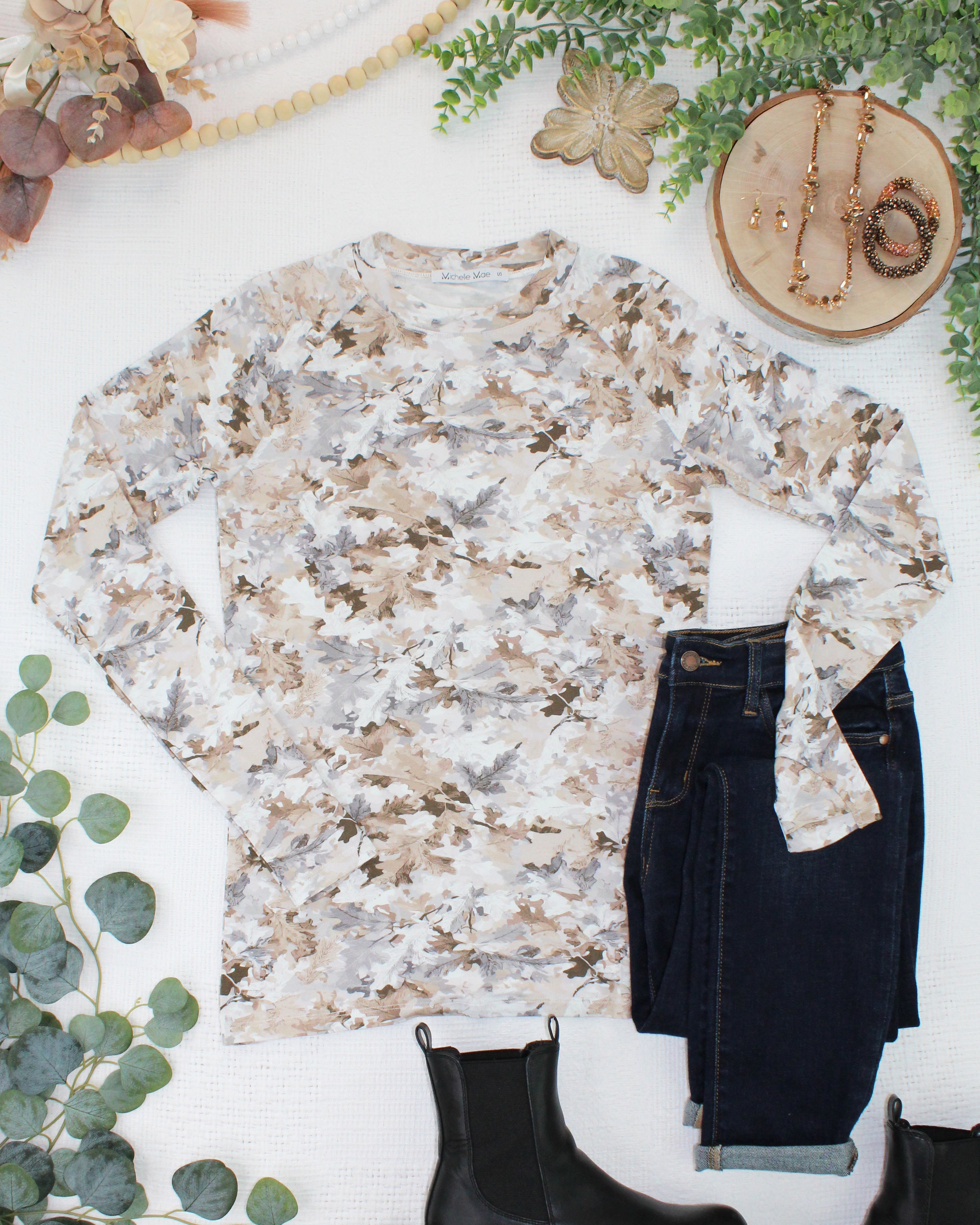 IN STOCK Blair Long Sleeve Top - Neutral Leaves
