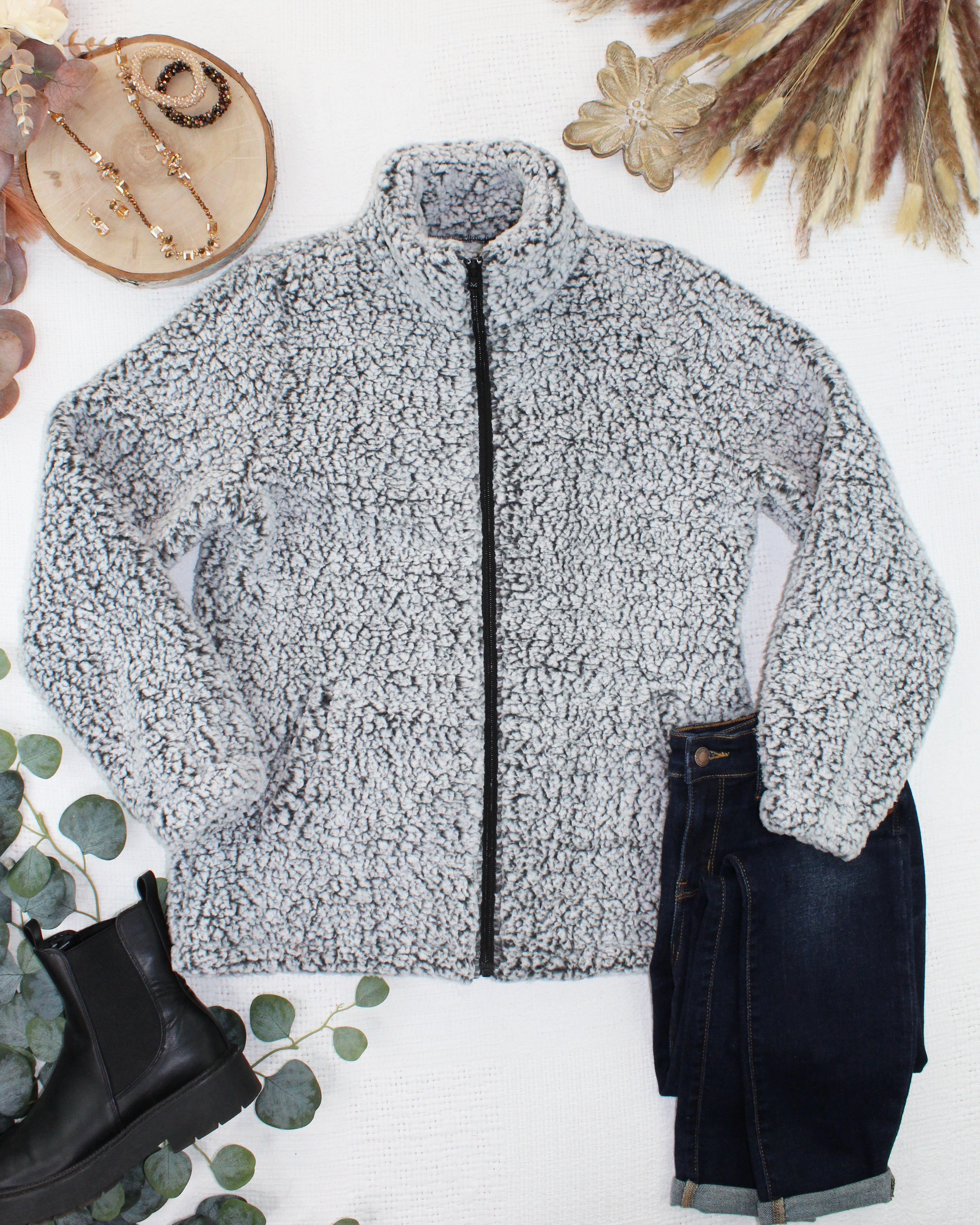 IN STOCK Two Tone Fullzip Sherpa - Charcoal and White