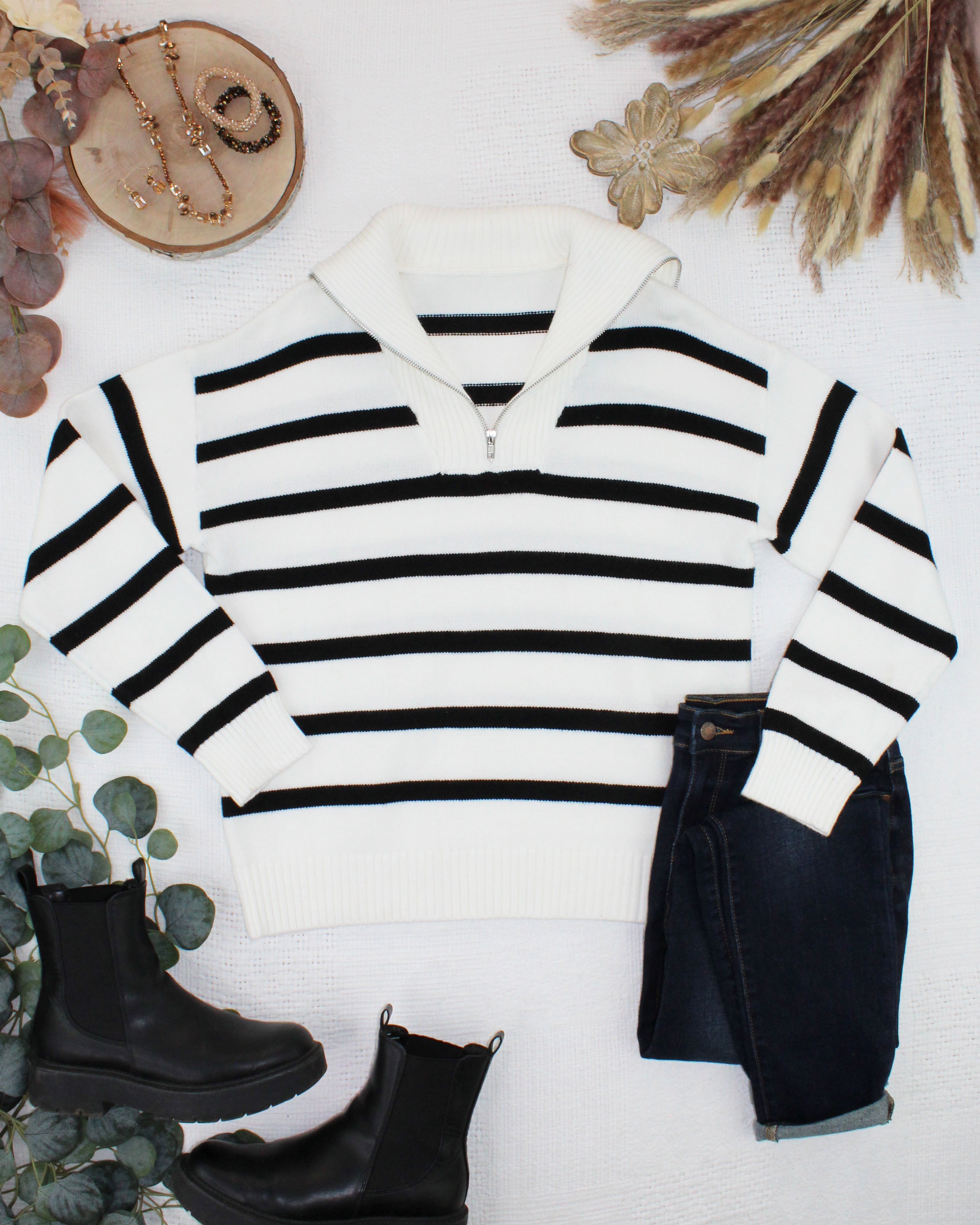 IN STOCK Quarter Zip Striped Pullover - Black and White